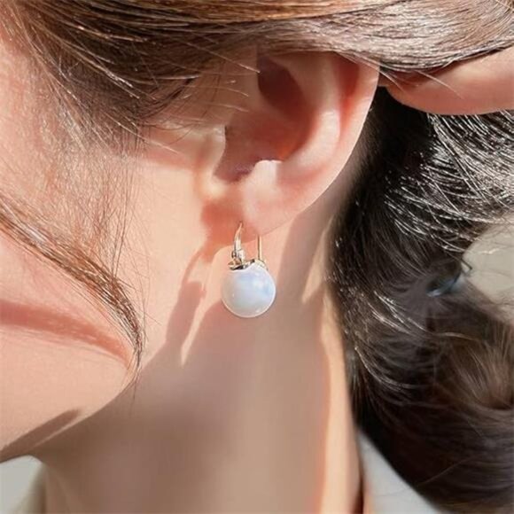 White Pearl Drop Earrings – 925 Sterling Silver & Gold Hoop Dangles - Picture 3 of 5